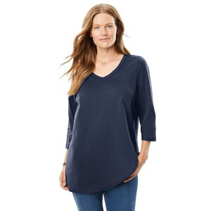 �E�[�}�� �E�B�Y�C�� ���f�B�[�X �g�b�v�X �V���c V�l�b�N �v���X�T�C�Y �v�` Woman Within Women's Plusize Petite Perfecthree-Quarter Sleeve V-Neck Tee Navy �l�C�r�[
