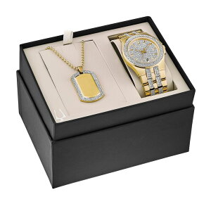 yz uo Y rv ANZT[ Bulova Men's Gold Tone Stainless Steel Crystal Accent Bracelet Watch & Crystal Accent Dog Tag Necklace Box Set Gold