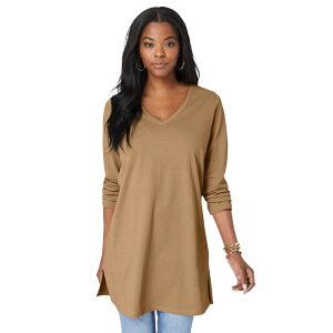 ���A�}���Y ���f�B�[�X �g�b�v�X T�V���c V�l�b�N �v���X�T�C�Y ���� Roaman's Women's Plusize Long-Sleeve V-Neck Ultimate Tunic Soft Camel �L������
