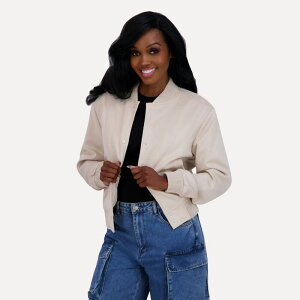 }bfK[ fB[X AE^[ WPbgEu] XG[h Juniors' madden girl Faux Suede Bomber Jacket Beige x[W