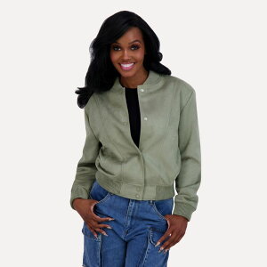 }bfK[ fB[X AE^[ WPbgEu] XG[h Juniors' madden girl Faux Suede Bomber Jacket Sage Z[W