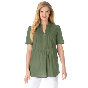 �E�[�}�� �E�B�Y�C�� ���f�B�[�X �g�b�v�X T�V���c �v���X�T�C�Y Woman Within Women's Plusize Pintucked Half-Button Tunic Olive Green �O���[��