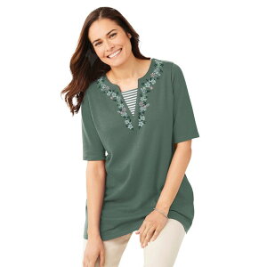 �E�[�}�� �E�B�Y�C�� ���f�B�[�X �g�b�v�X T�V���c �v���X�T�C�Y �h�J Woman Within Women's Plusize 7-Day Embroidered Layered-Look Tunic Pine Flower Embroidery