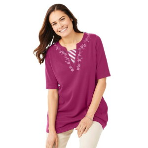 �E�[�}�� �E�B�Y�C�� ���f�B�[�X �g�b�v�X T�V���c �v���X�T�C�Y �h�J Woman Within Women's Plusize 7-Day Embroidered Layered-Look Tunic Raspberry Flower
