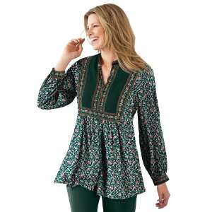 �E�[�}�� �E�B�Y�C�� ���f�B�[�X �g�b�v�X T�V���c �v���X�T�C�Y �v�����g Woman Within Women's Plusize Button-Front Mixed Printunic Emerald Green Rose �O���[��
