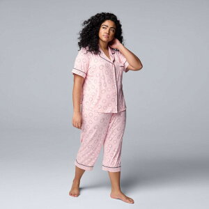 yz FEH fB[X iCgEFA A_[EFA Plus Size Simply Vera Vera Wang Cozy Short Sleeve Notch Collar Pajama Top & Capri Pajama Pants Set Blush Circles