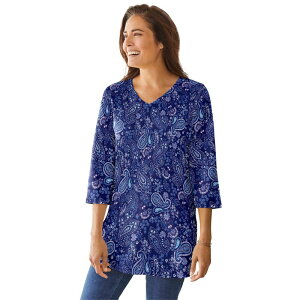 �E�[�}�� �E�B�Y�C�� ���f�B�[�X �g�b�v�X T�V���c V�l�b�N �v���X�T�C�Y �v�����g Woman Within Women's Plusize Perfect Printed Three-Quarter-Sleeve V-Neck Tunic Evening Blue Paisley �u���[