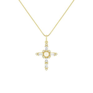 yz v[Y fB[X lbNXE`[J[Ey_ggbv ANZT[ PRIMROSE Sterling Silver Simulated Pearl & Pave Cubic Zirconia Cross Box Chain Pendant Necklace Gold Tone