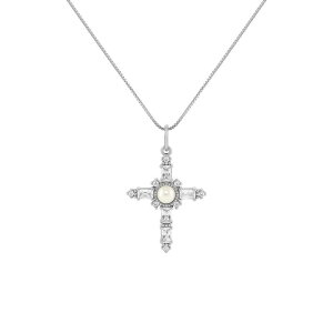 �v�������[�Y ���f�B�[�X �A�N�Z�T���[ �l�b�N���X�E�`���[�J�[�E�y���_���g�g�b�v ���[�X PRIMROSE Sterling Silver Simulated Pearl & Pave Cubic Zirconia Cross Box Chain Pendant Necklace Sterling �p�[��