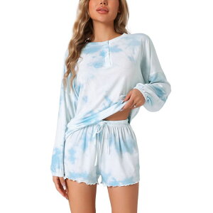 yz cheibear fB[X iCgEFA A_[EFA Women Lounge Pjs Long Sleeve Tops with Shorts Sleepwear Tie Dye Casual Nightwear Pajamas Set Blue
