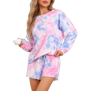yz cheibear fB[X iCgEFA A_[EFA Women Lounge Pjs Long Sleeve Tops with Shorts Sleepwear Tie Dye Casual Nightwear Pajamas Set Blue Purple