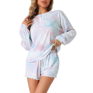 yz cheibear fB[X iCgEFA A_[EFA Women Lounge Pjs Long Sleeve Tops with Shorts Sleepwear Tie Dye Casual Nightwear Pajamas Set Pink