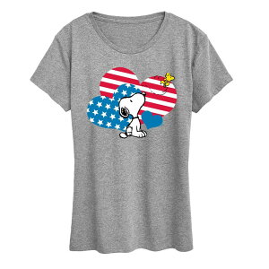 �A�j���L�����N�^�[ ���f�B�[�X �g�b�v�X T�V���c �O���t�B�b�N Licensed Character Women's Peanutsnoopy & Woodstock USA Heart Pattern Graphic Tee Heather Gray �O���[