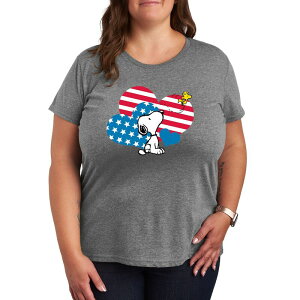 �A�j���L�����N�^�[ ���f�B�[�X �g�b�v�X T�V���c �v���X�T�C�Y �O���t�B�b�N Licensed Character Plusize Peanutsnoopy & Woodstock USA Heart Pattern Graphic Tee Heather Gray �O���[