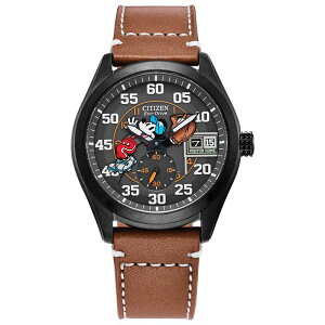 yz V`Y Y rv ANZT[ Disney's 100th Anniversary Mickey Mouse Men's Eco-Drive Batter's Up Brown Leather Strap Watch by Citizen - BV1089-05W Brown