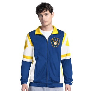 yz X^[^[ Y WPbgEu] AE^[ Men's Starter Royal/Gold Milwaukee Brewers Contender Tricot Full-Zip Track Jacket Brw Blue