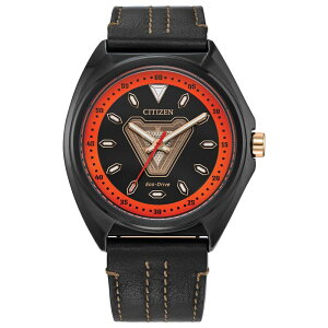 yz V`Y Y rv ANZT[ Citizen Eco-Drive Men's Marvel Tony Stark '63 Black Leather Strap Watch Black