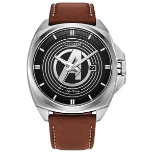 yz V`Y Y rv ANZT[ Marvel's Avengers Eco-Drive Watch with Brown Leather Strap & Stainless Steel Case by Citizen AW1721-08W Black