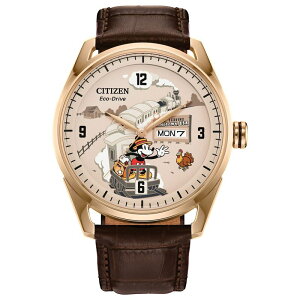 yz V`Y Y rv ANZT[ Disney's Mickey Mouse Hometown Eco-Drive Watch with Gold Tone Stainless Steel Case & Brown Leather Strap by Citizen AW0088-04W Brown