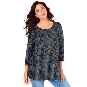 ���A�}���Y ���f�B�[�X �g�b�v�X T�V���c �v���X�T�C�Y Roaman's Women's Plusize Three Quarter Sleeve Swing Ultimatee Navy Speckle �l�C�r�[