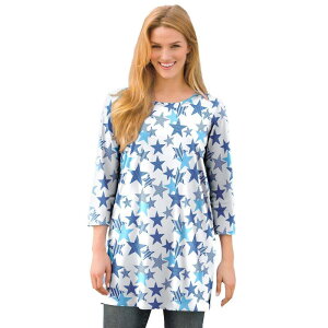 �E�[�}�� �E�B�Y�C�� ���f�B�[�X �g�b�v�X T�V���c �v���X�T�C�Y �v�����g Woman Within Women's Plusize Perfect Printed Three-Quarter-Sleeve Scoopneck Tunic White Striped Stars �z���C�g