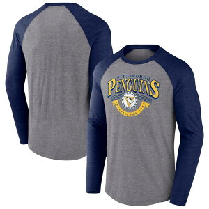 �t�@�i�e�B�N�X �����Y �g�b�v�X T�V���c Men's Fanatics Heather Gray/Heather Navy Pittsburgh Penguins Goal Crease Raglan Tri-Blend Long Sleeve T-Shirt Pngrey �O���[