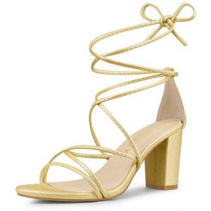 �A���O�� �P�[ ���f�B�[�X �V���[�Y �p���v�X �T���_�� ���[�X �q�[�� ALLEGRA K Women'strappy Lace Up Chunky Heelsandals Gold �S�[���h
