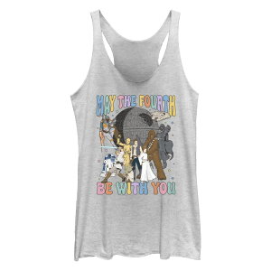 �X�^�[ �E�H�[�Y ���f�B�[�X �g�b�v�X T�V���c Juniors' Star Wars May The Fourth Be With You Character Collage Tri-Blend Racerback Tank Top White Heather �z���C�g