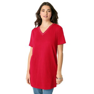 ���A�}���Y ���f�B�[�X �g�b�v�X T�V���c V�l�b�N �v���X�T�C�Y Roaman's Women's Plusize Rhinestone V-Neck Ultimate Tunic Vivid Red ���b�h