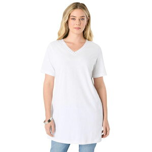 ���A�}���Y ���f�B�[�X �g�b�v�X T�V���c V�l�b�N �v���X�T�C�Y Roaman's Women's Plusize Rhinestone V-Neck Ultimate Tunic White �z���C�g