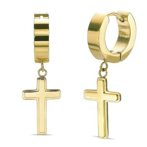 yz NX Y sAXECO ANZT[ Men's LYNX Ion Over Stainless Steel Cross Hoop Earrings Gold Tone