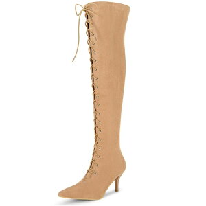 �A���O�� �P�[ ���f�B�[�X �V���[�Y �u�[�c�E���C���u�[�c ���[�X �q�[�� ALLEGRA K Women's Thigh Boots Lace Up Stiletto Heel Over Knee High Boots Light Camel �L������