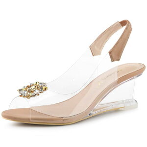�A���O�� �P�[ ���f�B�[�X �V���[�Y �p���v�X �q�[�� ALLEGRA K Women's Clear Slingback Wedges Rhinestone Transparent Peep Toe Heels Light Camel �L������