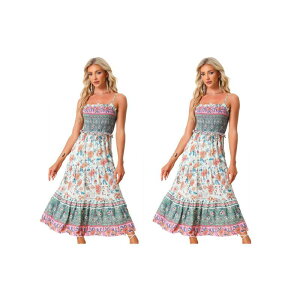 �A���O�� �P�[ ���f�B�[�X �g�b�v�X �����s�[�X A ���C�� �t�����[�� �V���[�����O �}�L�V �t�����[ ALLEGRA K 2 Packs Boho Floral Dresses for Women Summer Spaghetti Strap A-Line Flowy Smocked Maxi Dress Light Green �O��