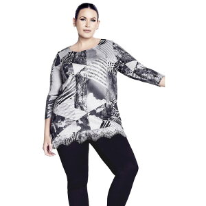�A�x�j���[ ���f�B�[�X �g�b�v�X �V���c �v���X�T�C�Y ���[�X Avenue Women's Plusize Lace Hem Top Mono Geo