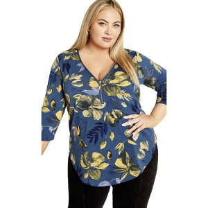 �A�x�j���[ ���f�B�[�X �g�b�v�X �V���c �v���X�T�C�Y �v�����g Avenue Women's Plusize Top Fiona Ziprint Midnight Bloom