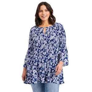 �A�x�j���[ ���f�B�[�X �g�b�v�X T�V���c �v���X�T�C�Y Avenue Women's Plusize Keyhole Bell Sleeve Tunic Evening Blue Garden �u���[