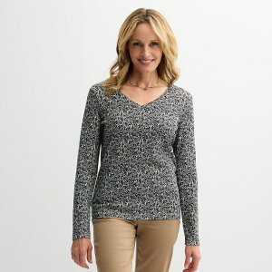 yz Ntgo[ fB[X TVc gbvX Women's Croft & Barrow Essential Long Sleeve V-Neck Tee Black Tiny Floral