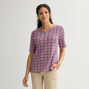yz Ntgo[ fB[X TVc gbvX Petite Croft & Barrow Elbow Sleeve Splitneck Top Red Ageless Tile