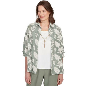 yz Atbh _i[ fB[X Vc gbvX Petite Alfred Dunner Soutache Leaf Two in One Top with Necklace Olive