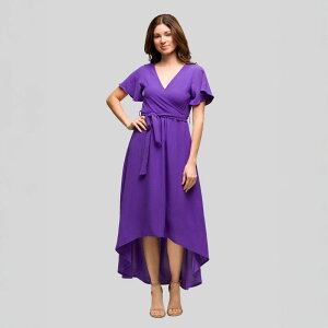 24 �Z�u���R���t�H�[�g ���f�B�[�X �g�b�v�X �����s�[�X V�l�b�N Women's 24Seven Comfort Apparel V-Neck Belted Faux Wrap High-Low Dress Purple �p�[�v��