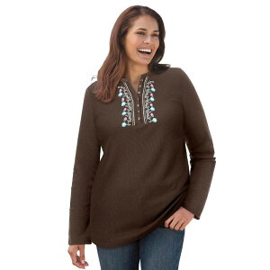 �E�[�}�� �E�B�Y�C�� ���f�B�[�X �g�b�v�X T�V���c �v���X�T�C�Y �h�J Woman Within Plusizembroidered Thermal Henley Tee Chocolate Vine �`���R���[�g