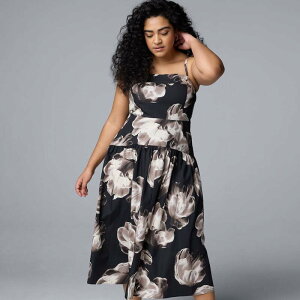 ���F���E�H�� ���f�B�[�X �g�b�v�X �����s�[�X �v���X�T�C�Y �~�f�B Plusize Simply Vera Wang Drop Waist Midi Dress Black Beige Floral �u���b�N