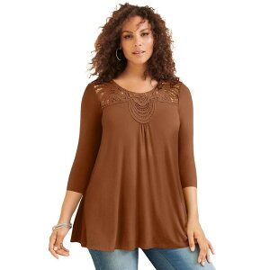 ���A�}���Y ���f�B�[�X �g�b�v�X T�V���c �v���X�T�C�Y ���[�X Roaman's Women's Plusize Lacembellished Swing Ultra Femme Top Cognac