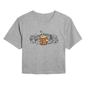 �X�^�[ �E�H�[�Y ���f�B�[�X �g�b�v�X T�V���c �N���b�v�h Juniors' Star Wars The Mandalorian Grogu Poses Cropped Tee Heather Gray �O���[