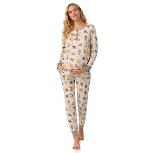 �N�h���h�b�Y ���f�B�[�X �A���_�[�E�F�A �i�C�g�E�F�A �}�^�j�e�B Maternity Cuddl Duds Cozy Long Sleeve Henley Pajama Top & Jogger Pajama Bottom Set Cream Cats �N���[��