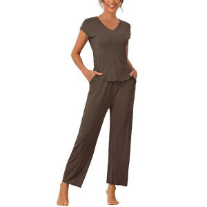 cheibear ���f�B�[�X �A���_�[�E�F�A �i�C�g�E�F�A �p���c cheibear Womenshort Sleeve Modal Casual Set Pajama 2 Piece Loungewear Long Pantsweatsuit Brown �u���E��