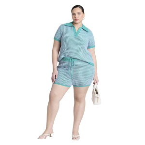 �G���N�C ���f�B�[�X �{�g���X �n�[�t�p���c�E�V���[�c �v���X�T�C�Y �j�b�g ELOQUII Women's Plusize Knitted Short Green And Blue �u���[