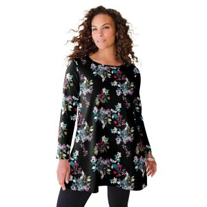 ���A�}���Y ���f�B�[�X �g�b�v�X T�V���c �N���[�l�b�N �v���X�T�C�Y Roaman's Women's Plusize Ultimate Long Sleeve Crew Neck Tunic Black Tossed Bouquet �u���b�N