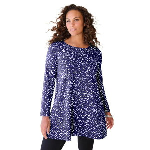 ���A�}���Y ���f�B�[�X �g�b�v�X T�V���c �N���[�l�b�N �v���X�T�C�Y Roaman's Women's Plusize Ultimate Long Sleeve Crew Neck Tunic Navy White Dot �z���C�g